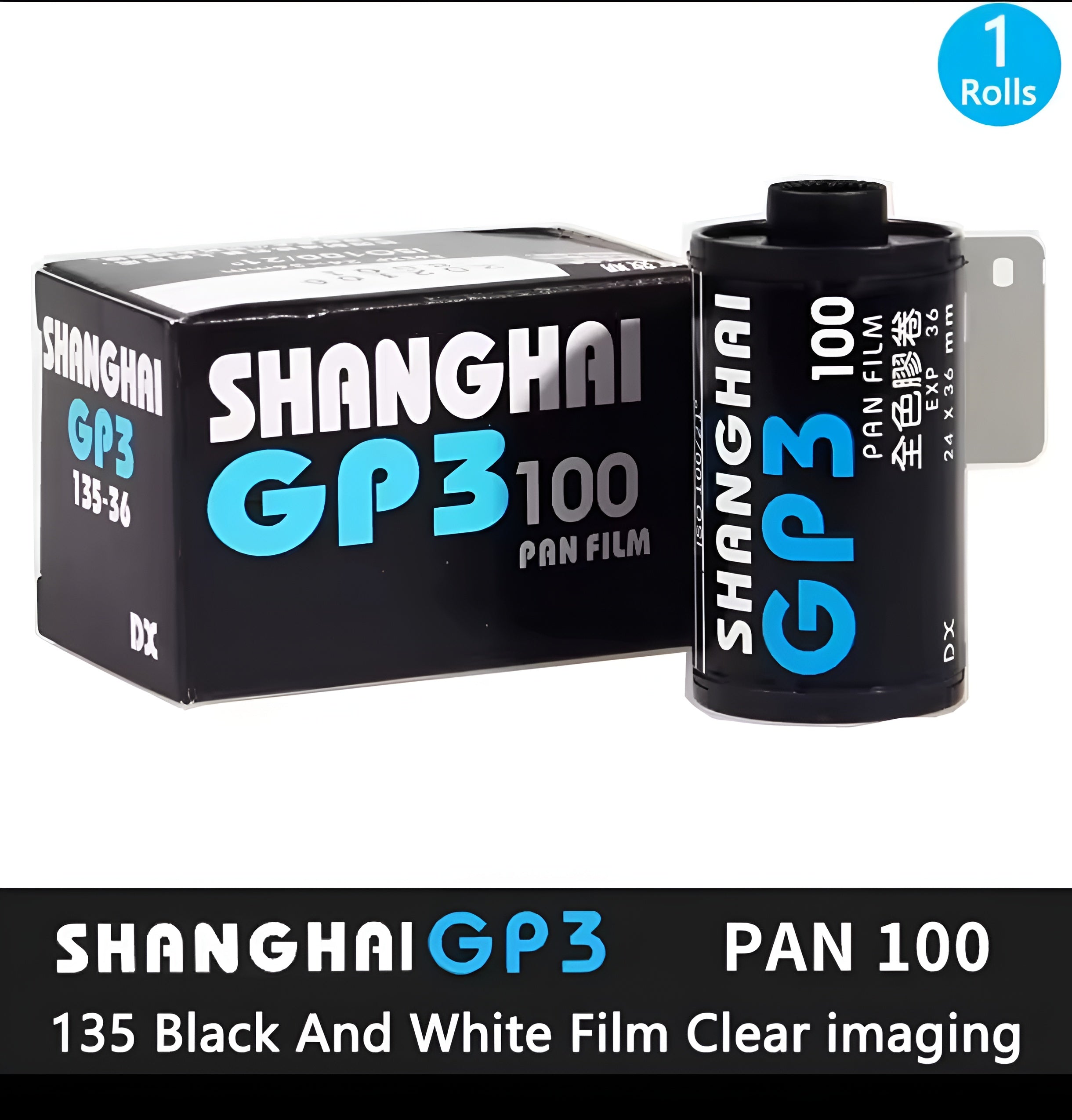 Shanghai GP3 100 black and white film canister and box on a white background