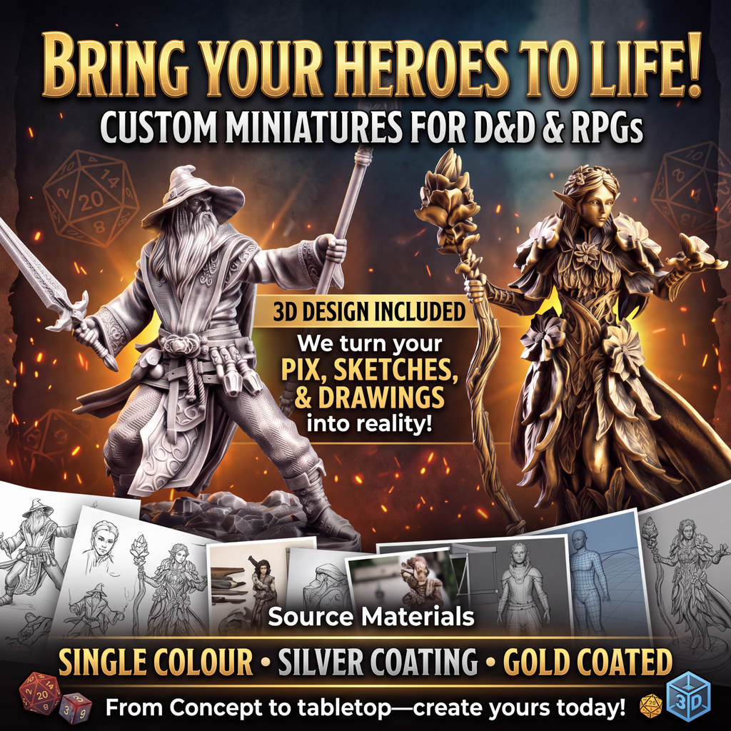 Custom 3D Printed Miniature Figures – D&D, TTRPG Heroes & Fantasy Characters | Personalised Design