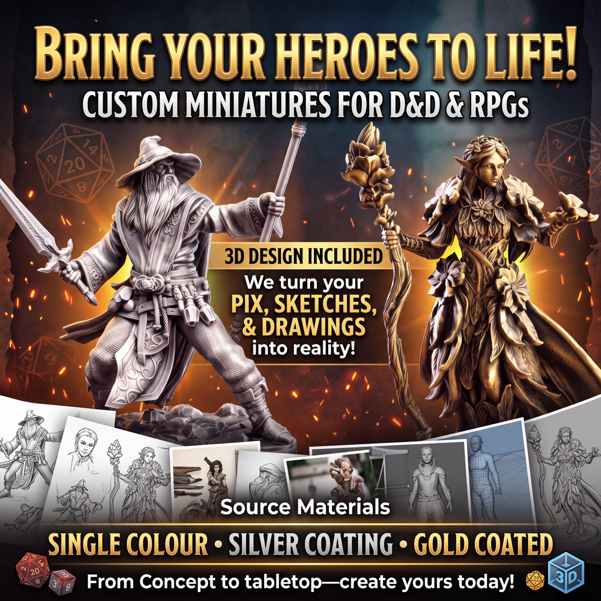 Custom 3D Printed Miniature Figures – D&D, TTRPG Heroes & Fantasy Characters | Personalised Design