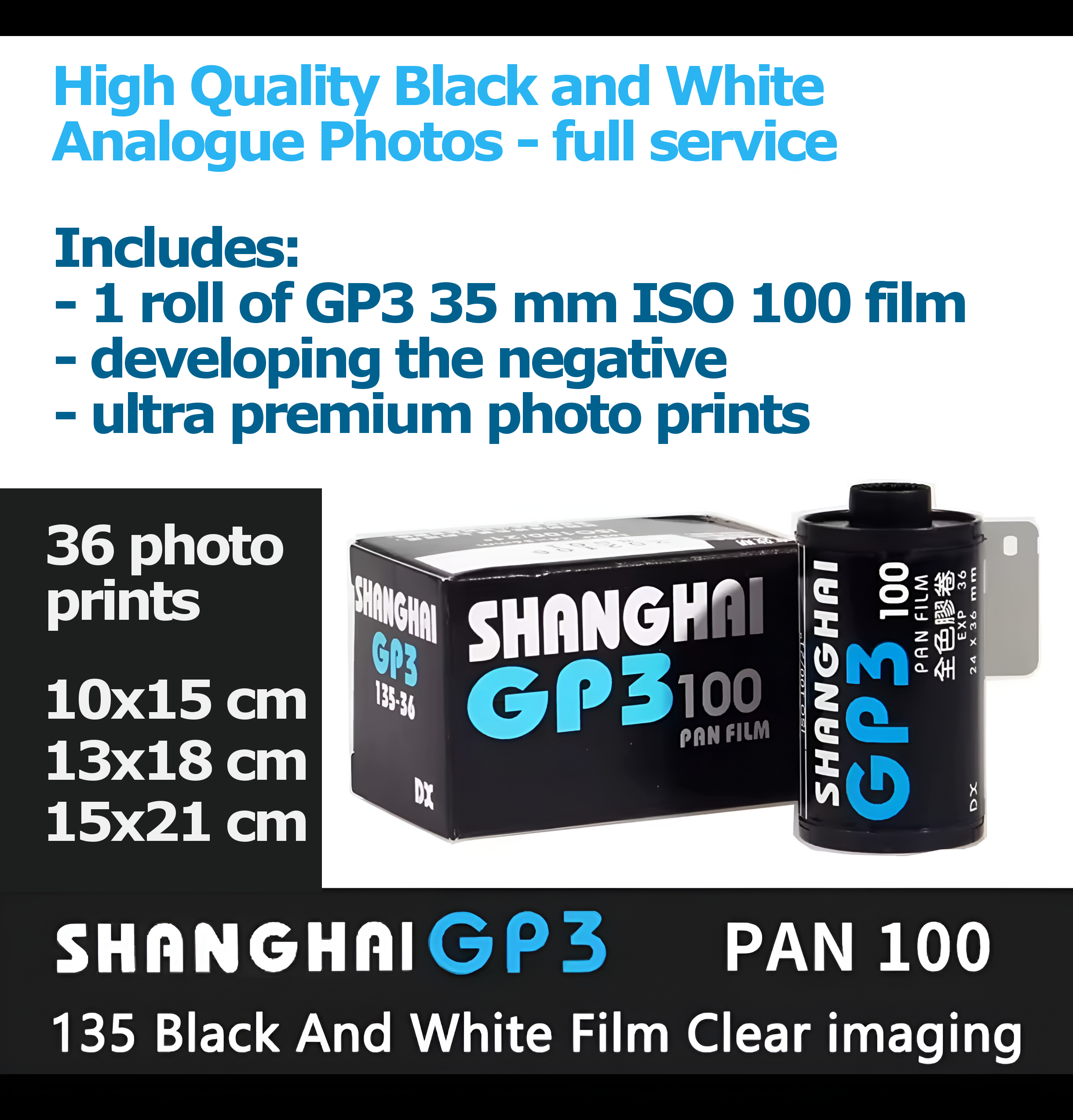 Professional B&W Photography – Shanghai GP3 Pan 100 35mm Film + Developing + Premium Prints